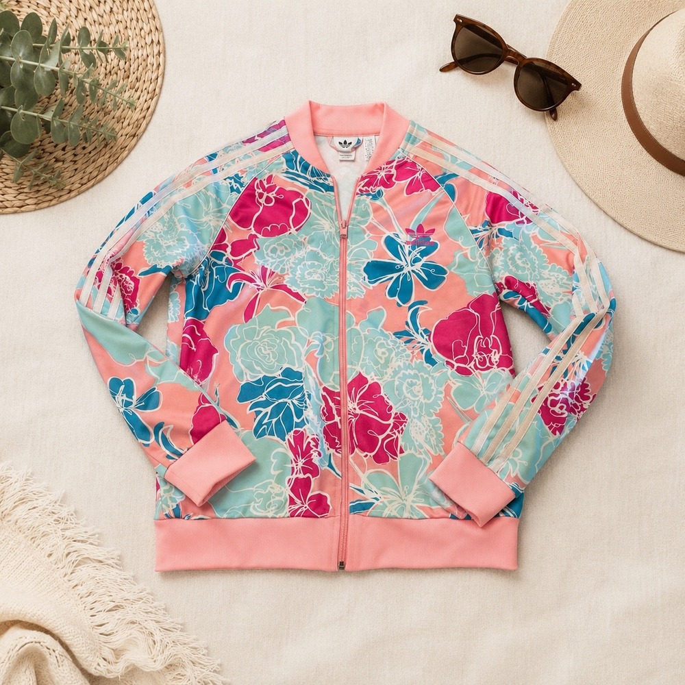 Adidas Track Jacket Womens L Pink Floral Full Zip 3-Stripe Activewear Sporty